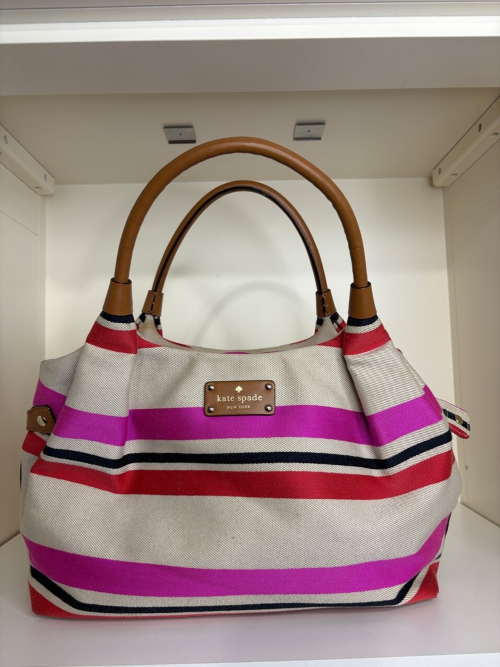 kate spade Striped Canvas Tote in Pink, Red and Tan Handles